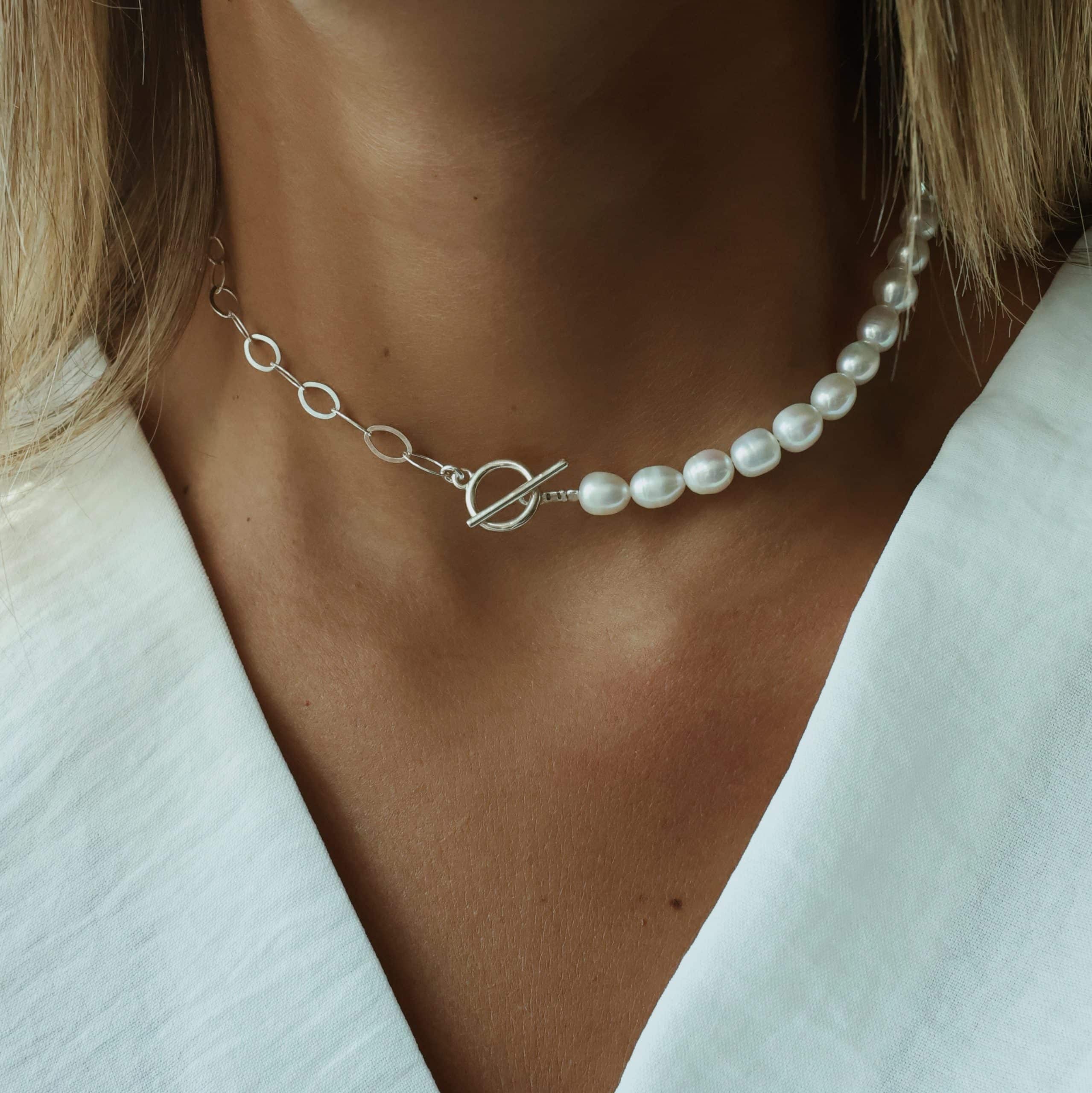 Half and Half Necklace - Pearls and 925 Silver
